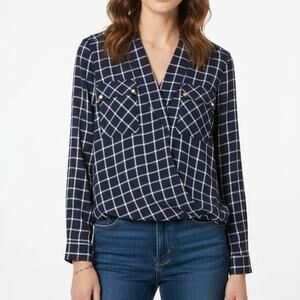 Michael Michael Kors Plaid Blouse Women’s L Navy White Gold Button Top Work